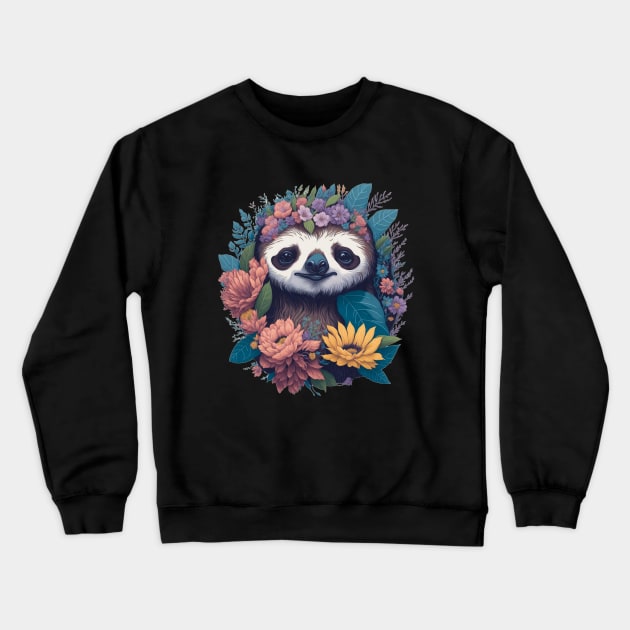 Cute Sloth face peeking out of flowers and foliage with flowers and foliage t-shirts and apparel, stickers, mugs, cases, pillow, water bottle Crewneck Sweatshirt by LyndaMacDesigns